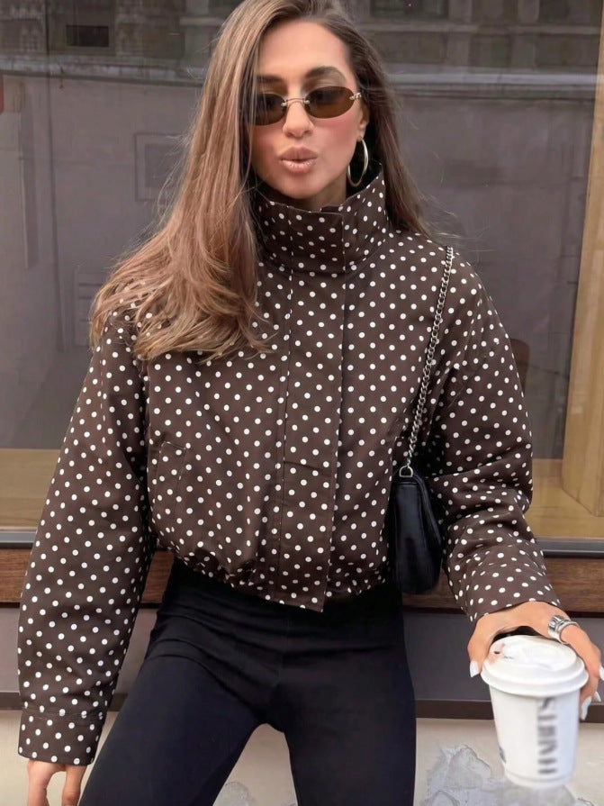 Brown polka dot cropped puffer jacket with stand collar and zip front