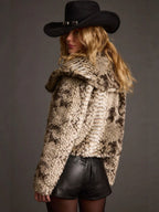 Snake print faux fur cropped jacket with oversized collar, long sleeves and button front