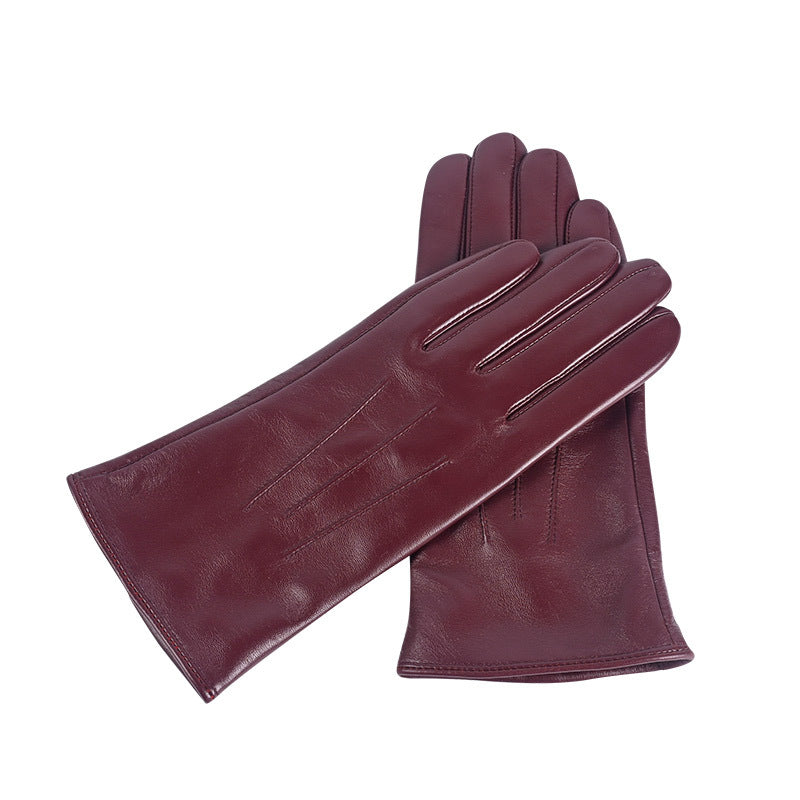 Women's burgundy leather winter gloves, fleece-lined, three-panel stitched design