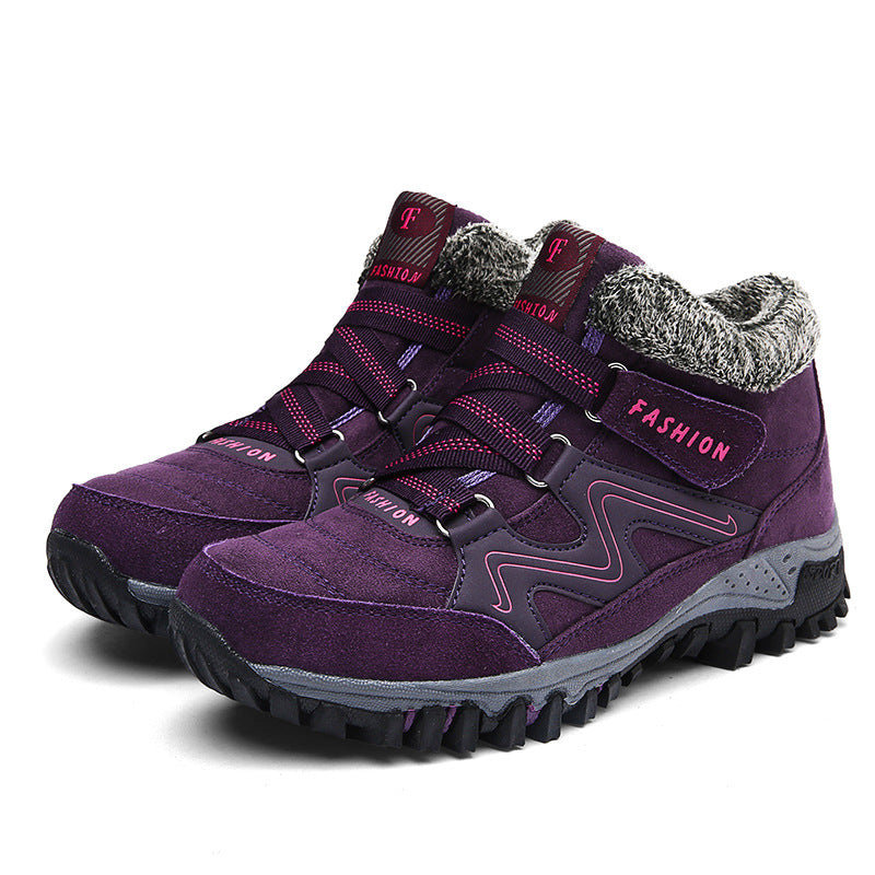Burgundy snow boots with faux fur lining, hook-and-loop straps, lug sole