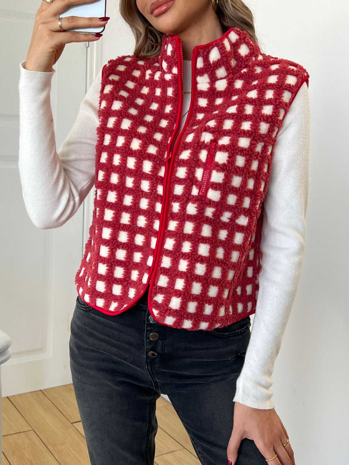 Red checked sherpa fleece front zip vest with stand collar and pockets