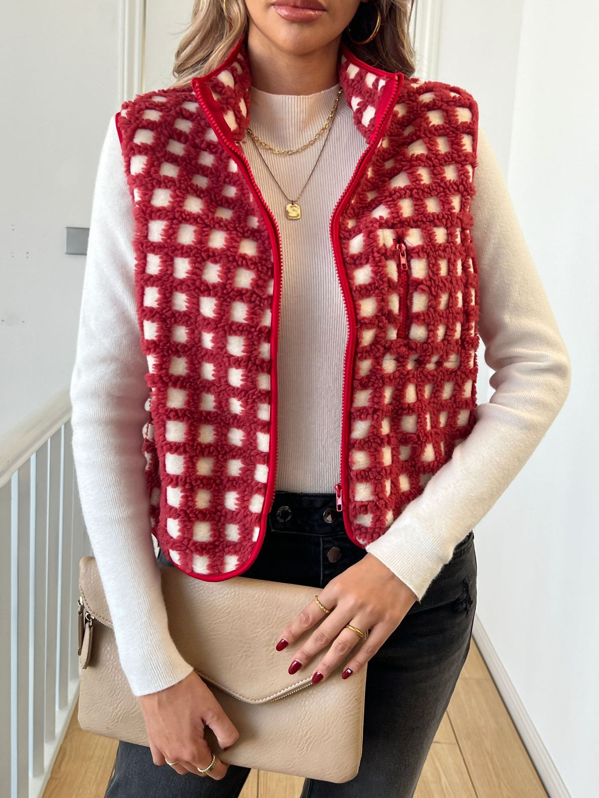 Red checked sherpa fleece zip vest with stand collar and front pockets