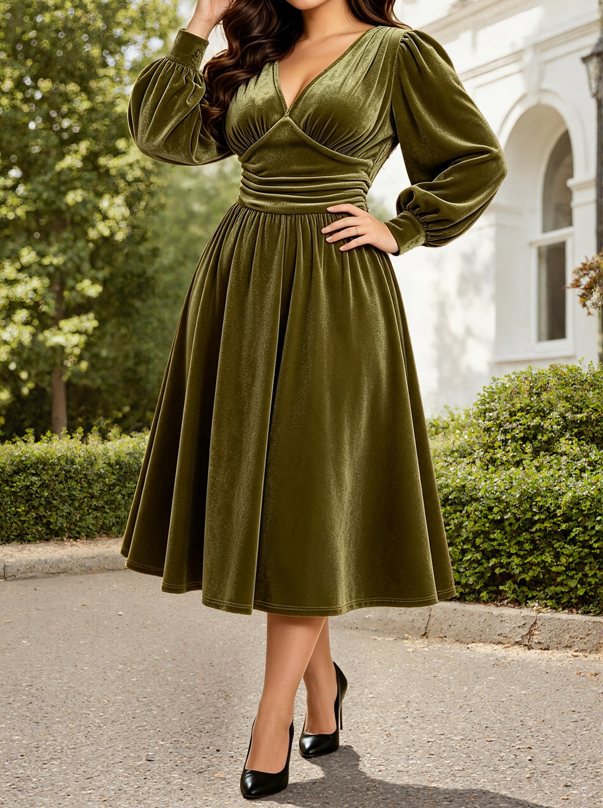 Green velvet midi dress with long balloon sleeves, V-neck, ruched waist fit-and-flare