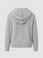 Light gray knit zip-up hoodie with attached hood and ribbed cuffs and hem