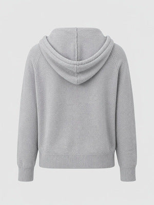 Light gray knit zip-up hoodie with attached hood and ribbed cuffs and hem