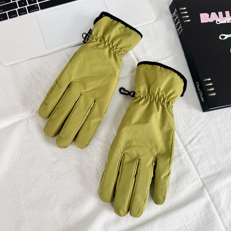 Olive insulated ski gloves with padded nylon, black cuff trim, and stitched fingers