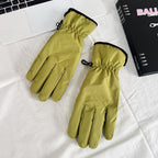 Olive insulated ski gloves with padded nylon, black cuff trim, and stitched fingers