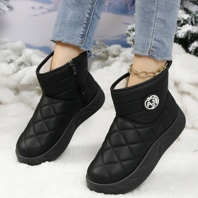Quilted fleece-lined platform ankle boots, black, side-zip style with logo patch
