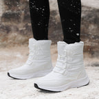 Women's fleece-lined snow boots, white high-top with hook-and-loop straps and grippy sole