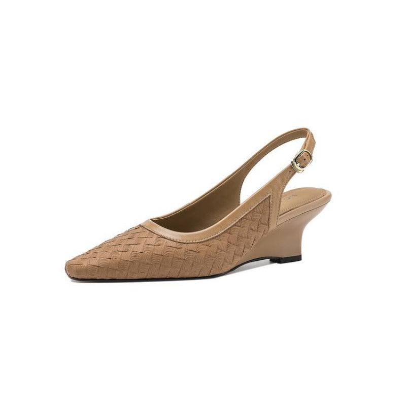 Camel woven slingback wedge pump with pointed toe and adjustable strap