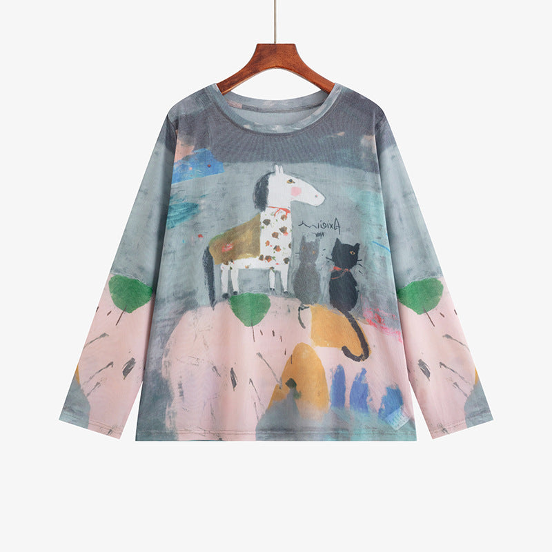 Hanging mesh crew-neck long sleeve tee with multicolor horse print