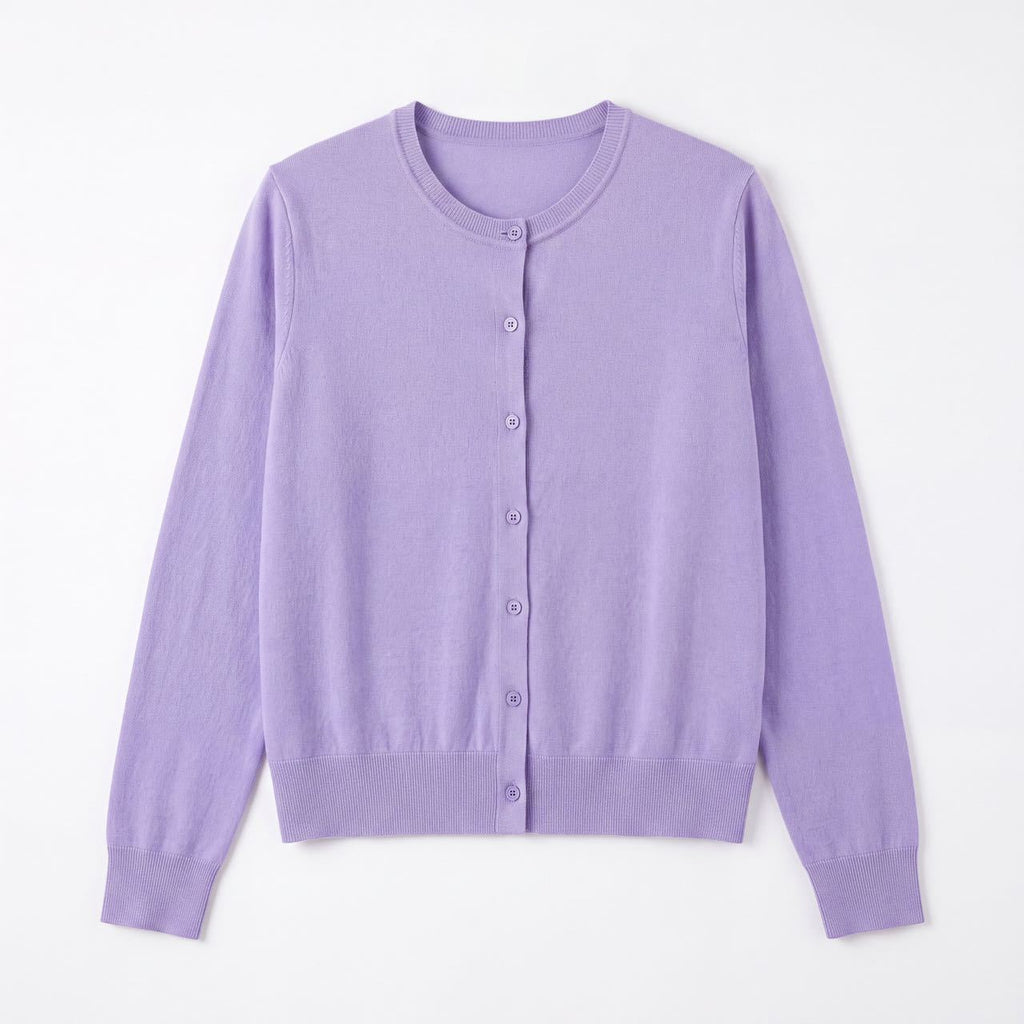 Lavender crew-neck cardigan sweater with button front, fine knit