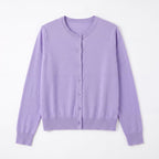 Lavender crew-neck cardigan sweater with button front, fine knit