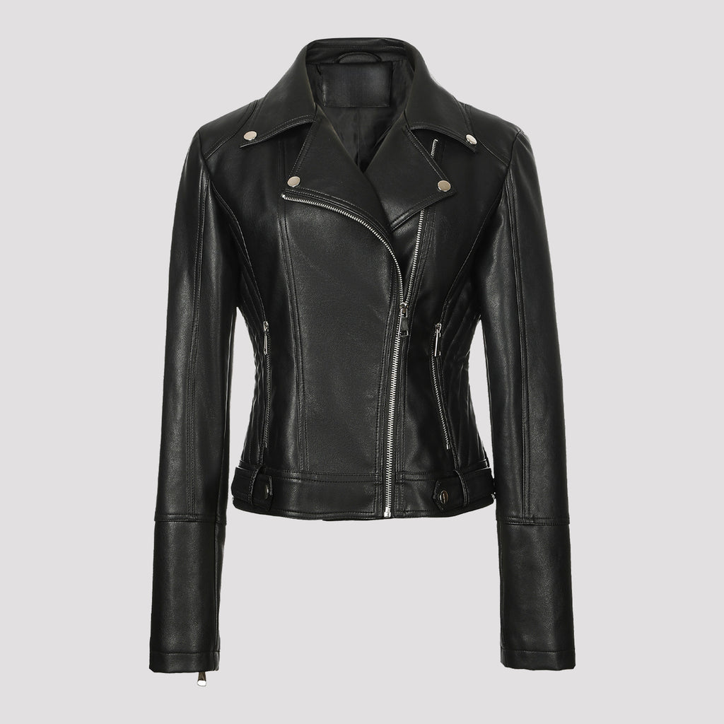 Black faux leather moto jacket, fitted cut, snap lapels, asymmetrical zip front.