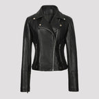 Black faux leather moto jacket, fitted cut, snap lapels, asymmetrical zip front.