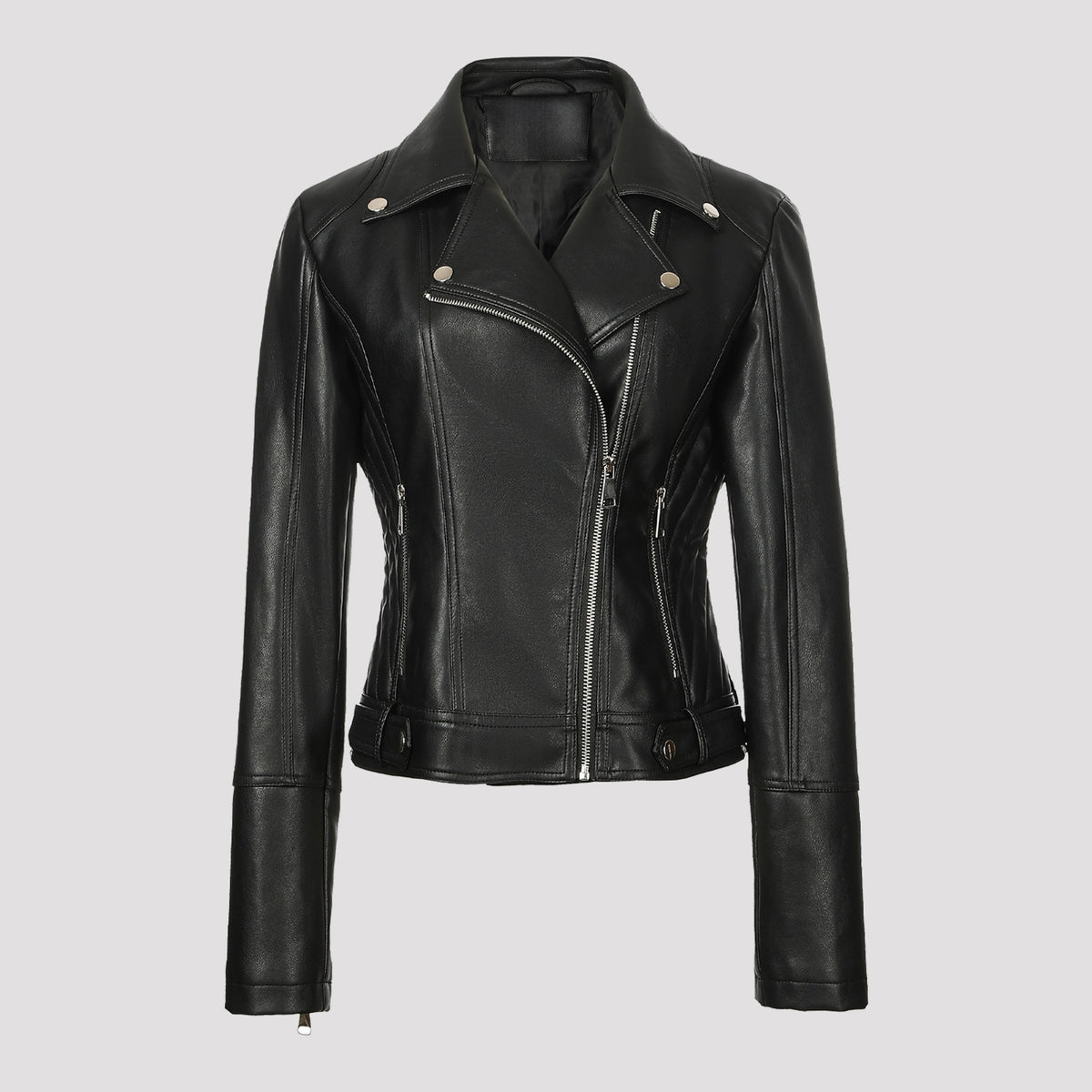 Black faux leather moto jacket, fitted cut, snap lapels, asymmetrical zip front.