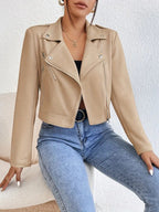 Women’s khaki faux suede cropped biker jacket with zip front and side zip pockets