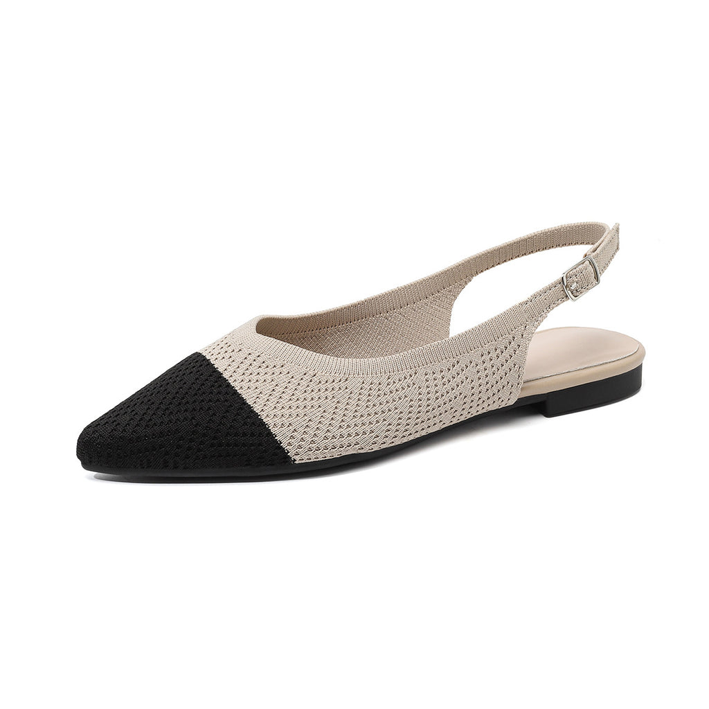 Two-tone woven pointed-toe slingback flats, apricot with black toe, thick sole