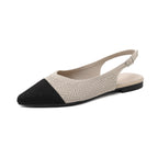 Two-tone woven pointed-toe slingback flats, apricot with black toe, thick sole