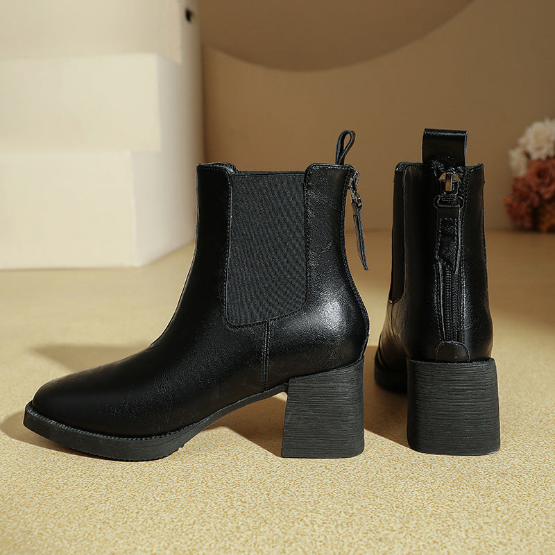 Women’s leather Chelsea ankle boots with square toe, stacked block heel, back zip