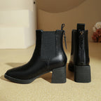 Women’s leather Chelsea ankle boots with square toe, stacked block heel, back zip