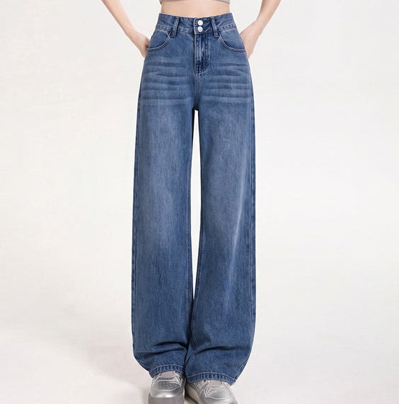 Women's wide-leg jeans, dark denim blue wash, high rise with button fly and wide leg