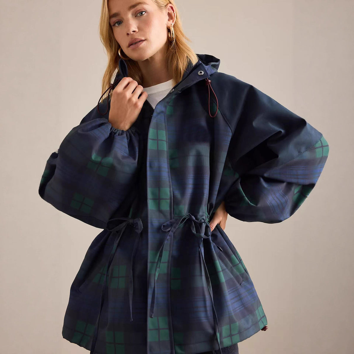 Dark blue plaid hooded anorak windbreaker with drawstring waist and roomy sleeves