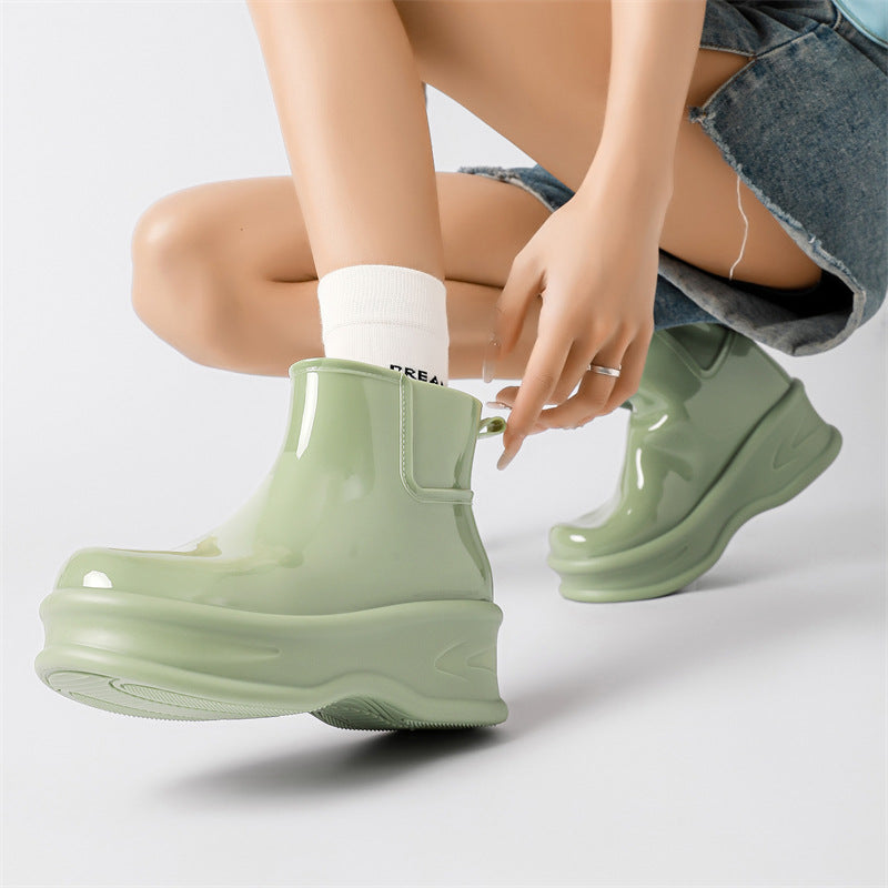 Women's sage green glossy ankle rain boots, chunky platform pull-on style