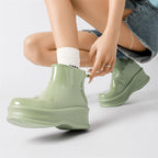 Women's sage green glossy ankle rain boots, chunky platform pull-on style