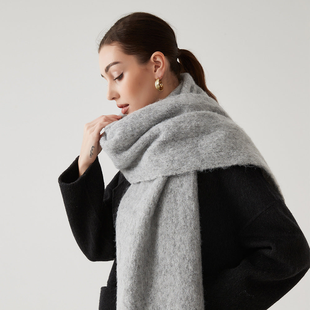 Oversized fuzzy wool-blend scarf in dark gray, wide draped wrap around neck