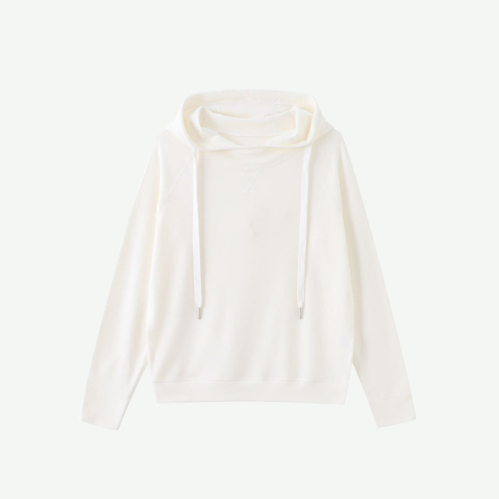 Off-white velvet hoodie with drawstring hood and long sleeves, flat lay