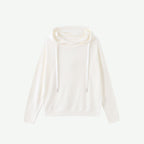 Off-white velvet hoodie with drawstring hood and long sleeves, flat lay