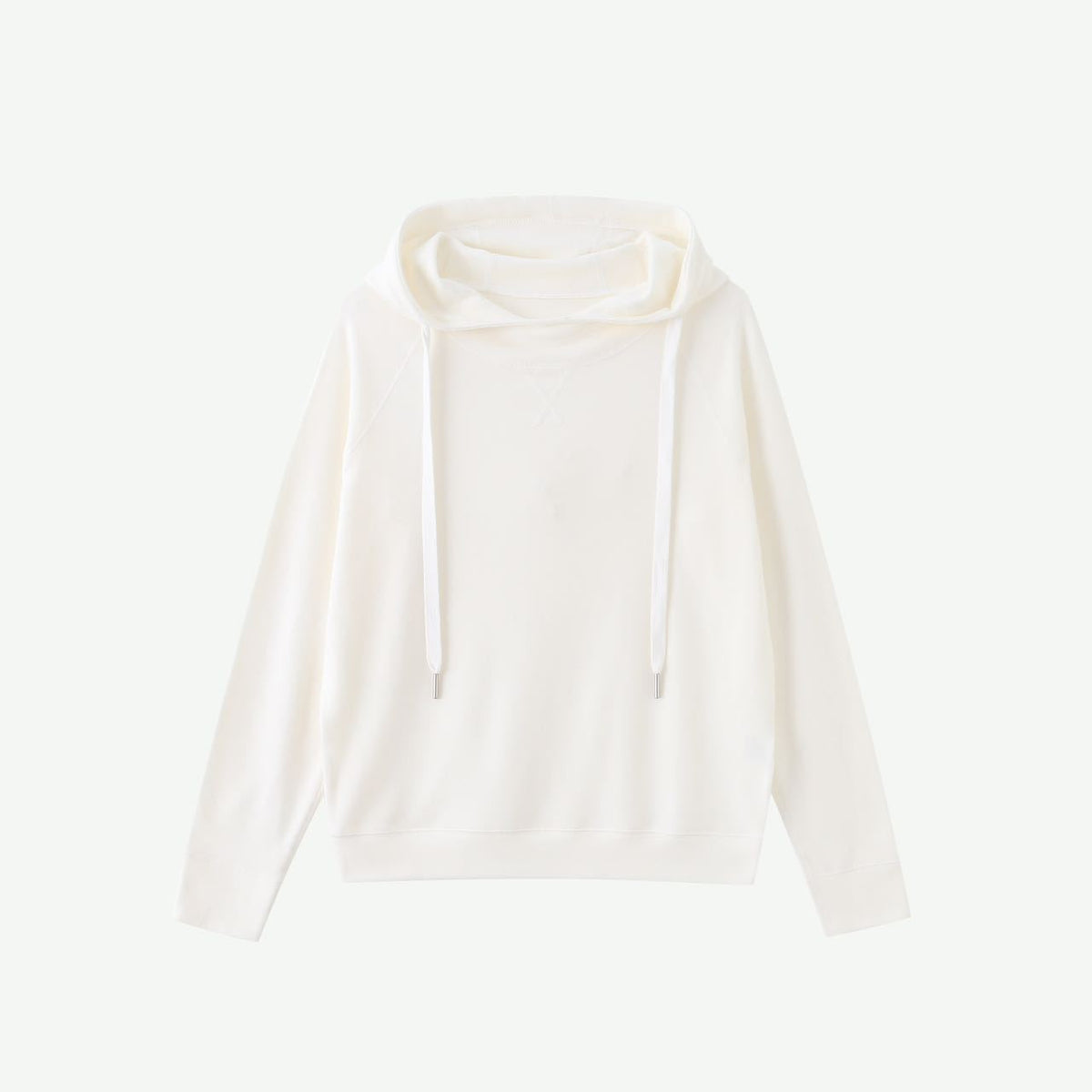 Off-white velvet hoodie with drawstring hood and long sleeves, flat lay