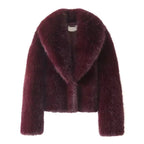 Cropped faux fur jacket with shawl collar, dark red, front view