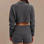 Dark gray cropped wool cardigan, long sleeves with drop-shoulder silhouette