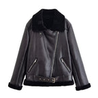 Belted faux shearling aviator jacket angled front view with zip pockets and front zipper