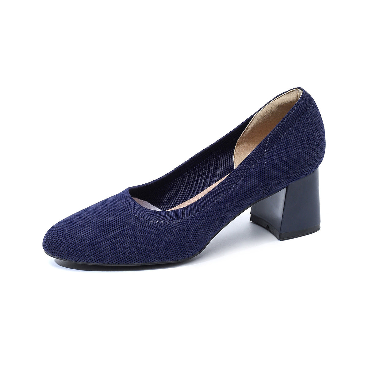 Navy knit slip-on pumps with block heel and rounded toe