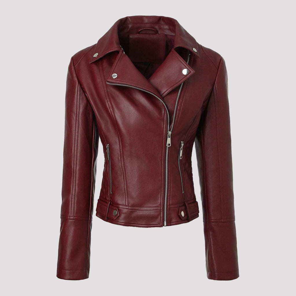 Burgundy faux leather moto jacket, asymmetrical zip front, snap collar, studded tabs.