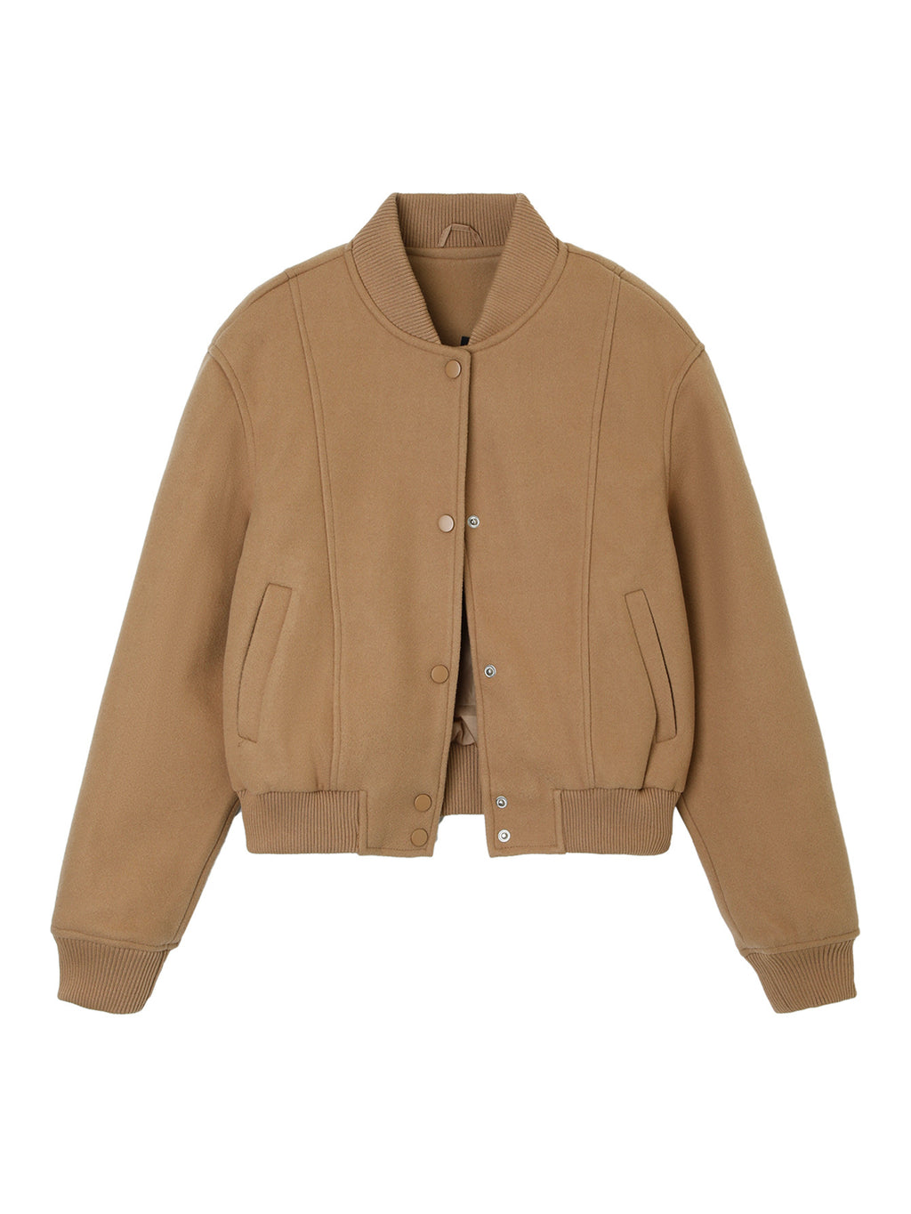 Brown cropped bomber jacket with snap front, stand collar, and flap side pockets