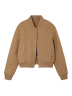 Brown cropped bomber jacket with snap front, stand collar, and flap side pockets