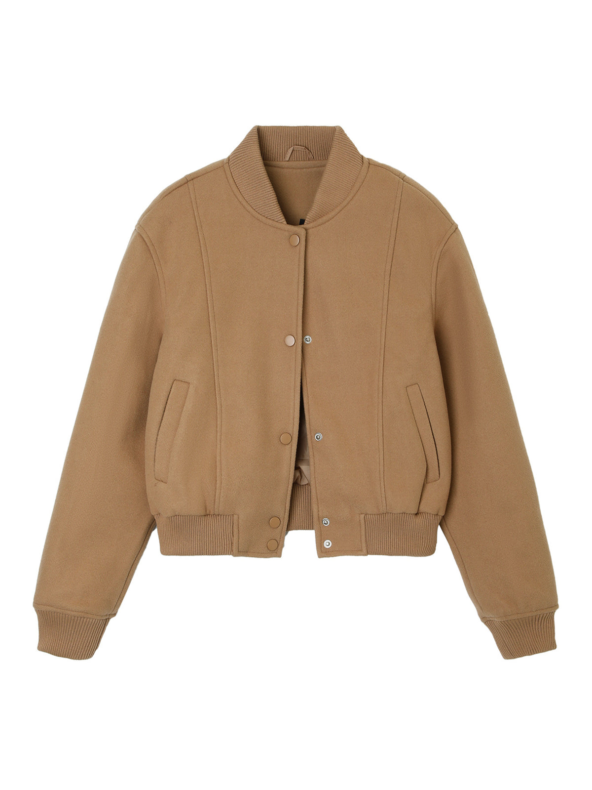 Brown cropped bomber jacket with snap front, stand collar, and flap side pockets