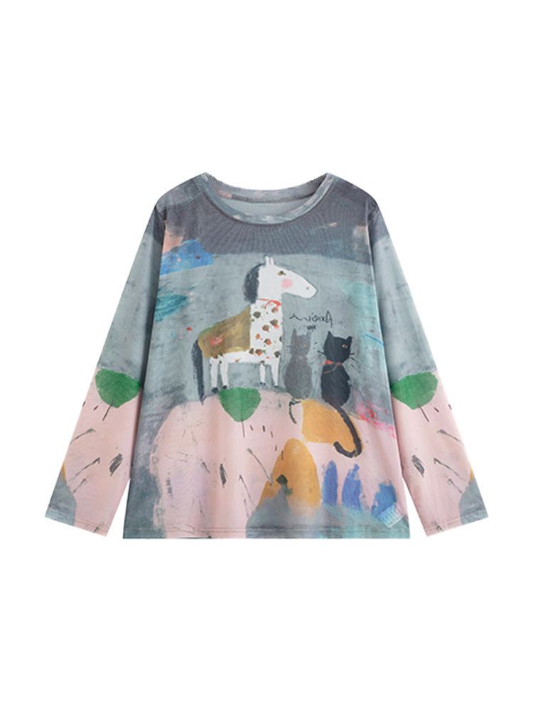 Multicolor mesh long sleeve crew-neck tee with painterly horse print