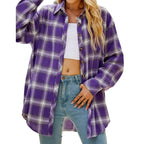 Purple and white plaid oversized button-down shirt with long sleeves and front buttons