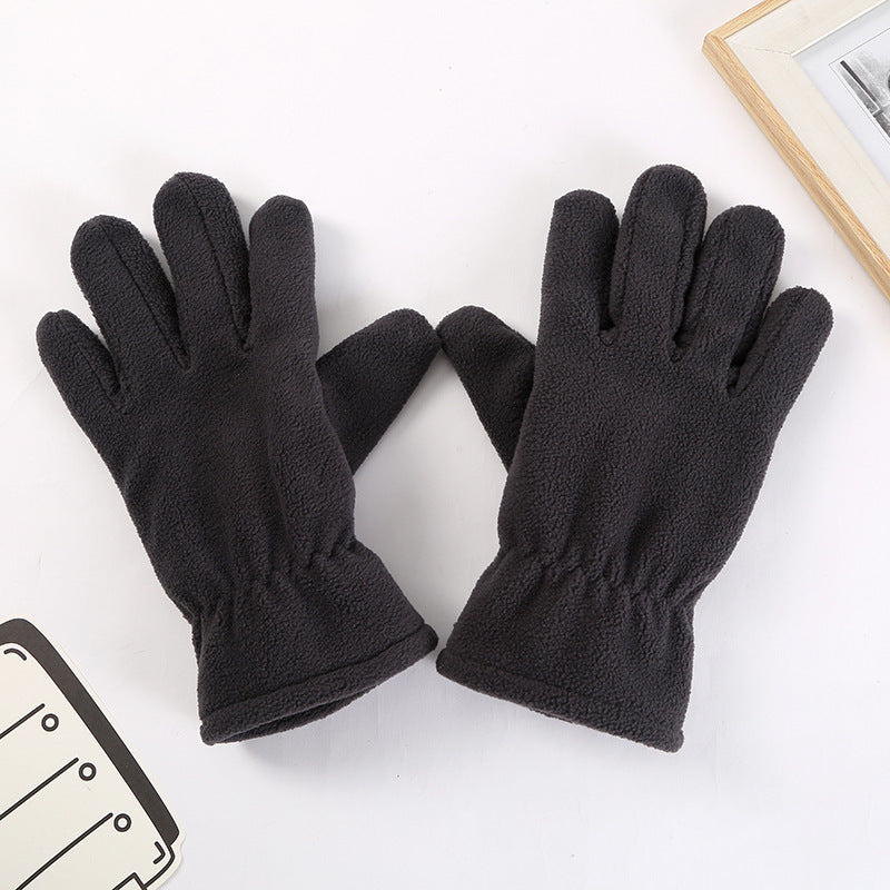 Black fleece winter gloves with elastic gathered wrist cuffs, full hand coverage