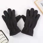 Black fleece winter gloves with elastic gathered wrist cuffs, full hand coverage