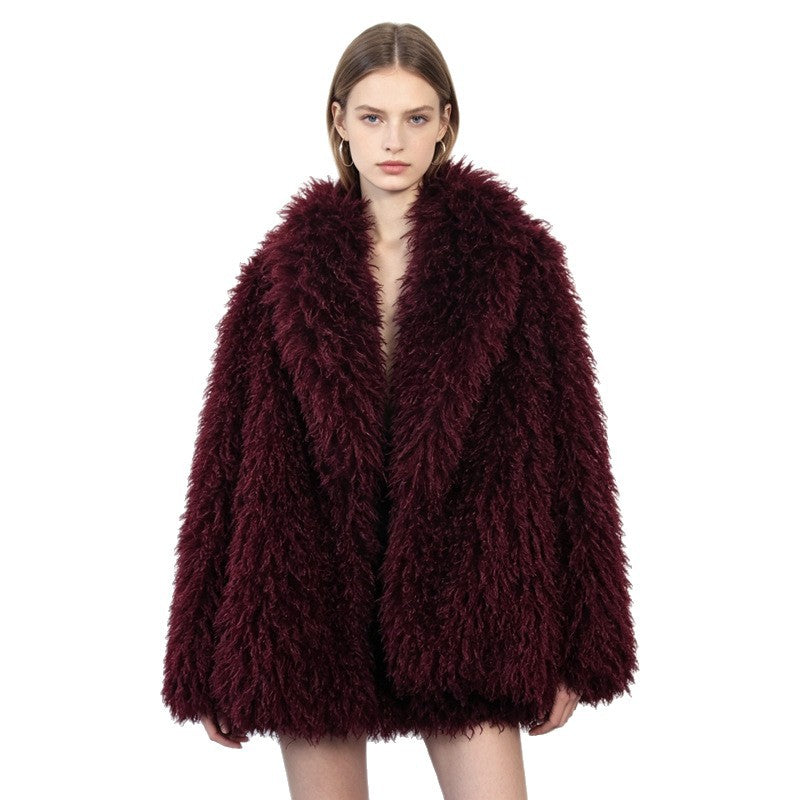 Burgundy faux fur open-front jacket with shawl collar and loose fit