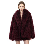 Burgundy faux fur open-front jacket with shawl collar and loose fit