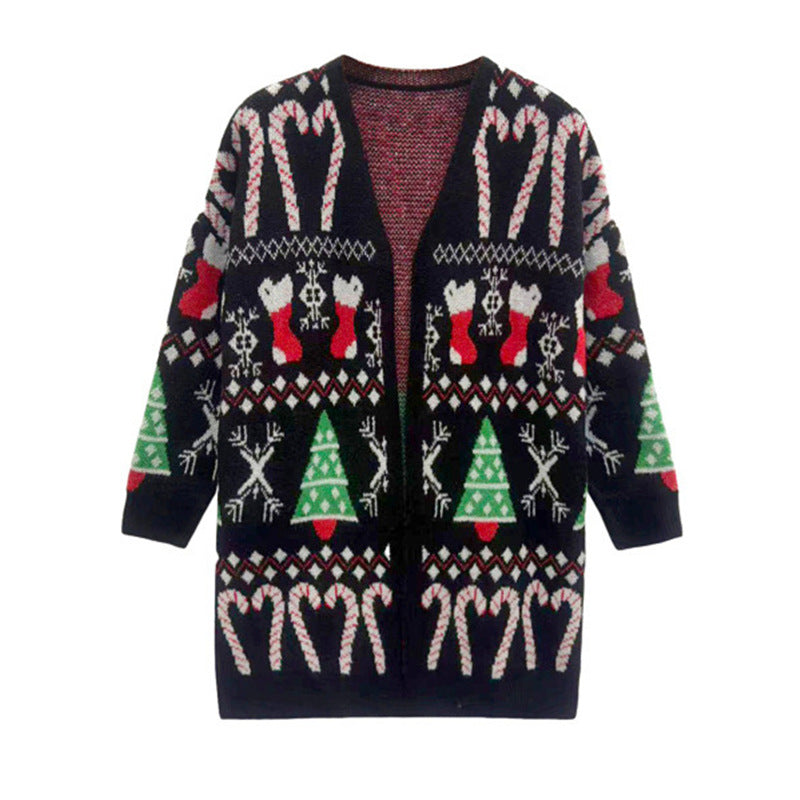Women’s black long cardigan sweater with open V-neck and festive cat and tree knit design