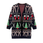Women’s black long cardigan sweater with open V-neck and festive cat and tree knit design