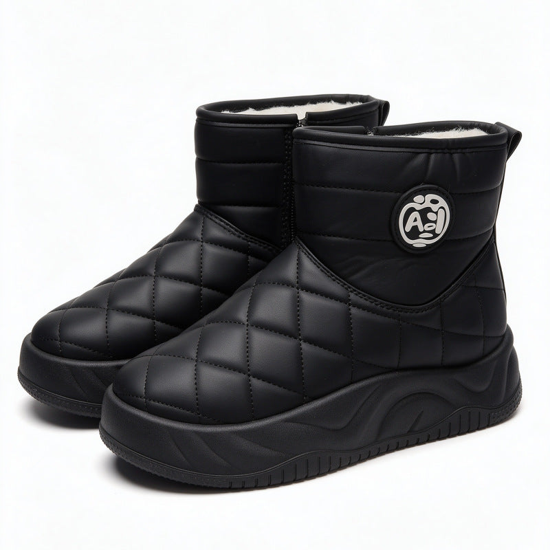 Quilted platform ankle boots, black, side zip, fleece lining, round logo patch